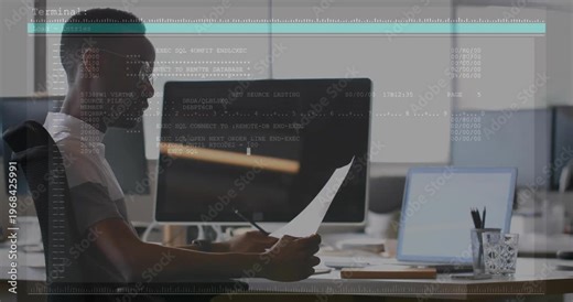 Tech man reviewing printout, monitor update causing terminal overlay fading in, cross-checking code