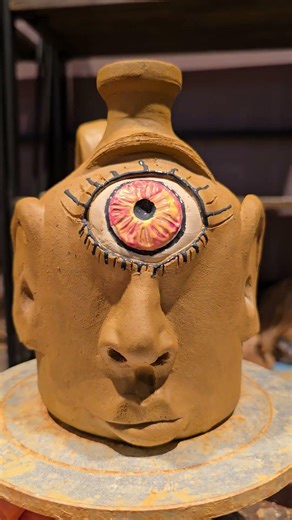 Cyclops Face Jug Folk Pottery in Progress by Heather Elyse Head | Mud and Rust #artpottery #folkart