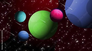Colorful Cartoon Space 5 planets are rotating on dark Red Background, 2d Cartoon Animation Space Background For Kids, Space Scene With Colorful Planet And Glowing Blinking Stars Animation On Dark Stock Video