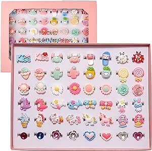 48Pcs Little Girls Jewelry Rings in Box - Adjustable and Colorful! Girl Pretend Play and Dress Up Kids Rings, 4-12 Year Girl Birthday Christmas Gift Ideas Set, 3 4 5 6 7 8 9 10 11 12 Year Girl toys Ring