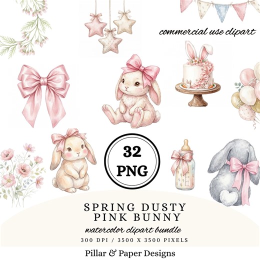 Watercolor Bunny Clipart, Spring Bunny PNG, Pink Bunny Clipart, Easter Clipart for Cards, Scrapbooking, Sublimation, Stickers & DIY Crafts - Etsy