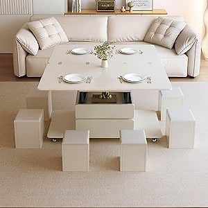 Guyii Multifunctional Lift Top Coffee Table, Extendable Center Table with 4 Storage Stools, Space Saving Folding Dining Table for Living Room, Dining Room