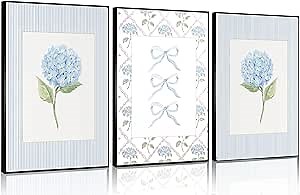 Blue Hydrangea Canvas Wall Art Trendy Watercolor Bow Coquette Paintings Pictures Wall Decor Coastal Preppy Aesthetic Posters Prints for Girly Room Bedroom College Apartment Home Decoration