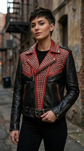 Women’s Punk Rock Studded Jacket with Spikes, Stylish Leather Biker Jacket for Streetwear and Edgy Fashion Lovers