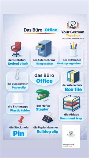 Yourgermanteacher on Instagram: "🇩🇪💼 Office Vocabulary You Should Know in German These common office words are essential for work, studies, and everyday professional conversations 📄🖊️ Perfect for A1–B1 learners and anyone working in a German-speaking environment. Learn them, use them, and sound more confident at the office! 💪🇩🇪 Save this post for later practice ✔️ #deutschschule #deutschfüranfänger #deutschonline #deutschkurs #deutsch learngermanonline learninggermanisfun learninggermanw