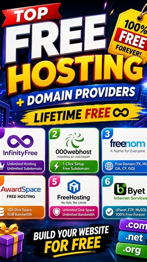😱TOP 6 FREE Hosting and Domain Providers in 2026! 🔥#freehosting #freedomain #shorts #shortsfeed
