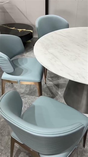 Modern Italian Marble Dining Set | White Round Table & Blue Upholstered Chairs