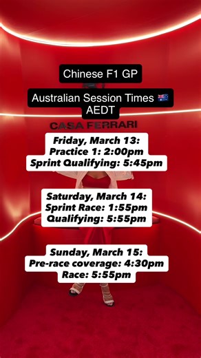 Chinese F1 GP - session times for 🇦🇺 on Kayo, Fox Sports 506, and Foxtel Go. #f1 #formula1 #motorsport #ferrari #china