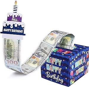 Birthday Surprise Gift Box Explosion for Christmas Holiday Party, Surprise Money Roll Gift Boxes with Pull Out Card and 30Pcs Transparent Bags for Kids Men Women (Blue Birthday)
