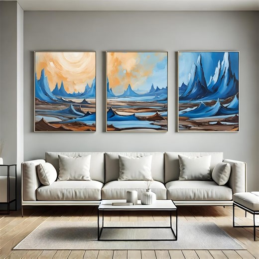Abstract Ice Landscape Triptych Wall Art, Blue Gold Sunset Painting Print, Expressionist Decor Set - Etsy