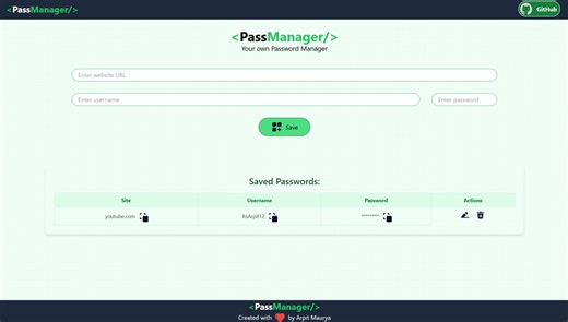 Project Showcase: PassManager 🔑PassManager, a password-saving React Application designed to help users securely store, manage, and retrieve passwords with ease! This project allowed me to combine… | Arpit Maurya