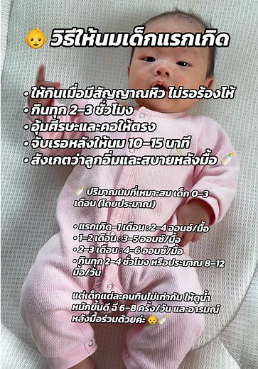 วิธีให้นมเด็กแรกเกิดแบบสั้น ๆ ทำตามได้เลยค่ะ 👶🍼 1. สังเกตสัญญาณหิว ลูกเริ่มขยับปาก ดูดมือ แลบลิ้น หันหาของกิน อย่ารอจนร้องไห้หนัก 2. อุ้มท่าที่สบาย ศีรษะ–คอ–ลำตัวอยู่แนวเดียวกัน หน้าลูกหันเข้าหาเต้าหรือขวดนม 3. ให้นมทีละน้อยแต่บ่อย เด็กแรกเกิดมักกินทุก 2–3 ชั่วโมง หรือประมาณ 8–12 ครั้ง/วัน 4. ถ้าให้นมแม่ ให้ลูกอ้าปากกว้างแล้วงับลานนม ไม่ใช่แค่หัวนม 5. ถ้าให้นมขวด เอียงขวดให้นมเต็มจุก ลดการกลืนลม 6. จับเรอหลังมื้อ อุ้มพาดบ่า ลูบหลังเบา ๆ ประมาณ 10–15 นาที 7. สังเกตว่าลูกอิ่มไหม ปล่อยเต้าเอง หลั