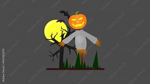 Spooky Scarecrow with Pumpkin Head, Bats, and Full Moon Animation for Halloween-Themed Projects in 4K. Perfect for Creepy Night Visuals, Horror-Themed Motion Graphics, and Dark Animation Design