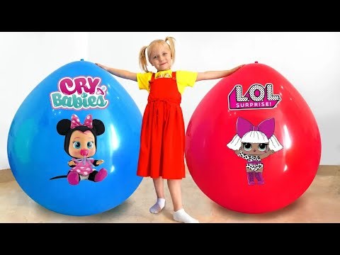 Girl Alice plays with toys in a huge ball / Giant balloons with surprise toys