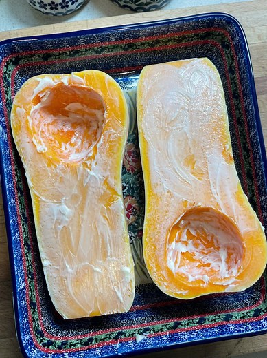 First up - this butternut squash is going in the oven. 350° for 45 minutes just to soften it up a bit. But first - the backstory to tonight’s dinner idea. I was originally going to make Roasted Poblano and Corn Chowder. Well, my daughter asked me last night if I was ever going to roast a butternut squash that she has been asking for?! Lightbulb!! 💡 So … instead we are having Roasted Poblano and Butternut Squash Chowder. Come back and I’ll have the recipe posted for dinner time! Now, to run a qu