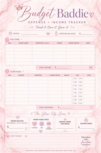 Budget Baddie Expense + Income Tracker | Pink Marble Budget Planner | Printable Income and Expense Sheet | Cute Finance Tracker PDF - Etsy