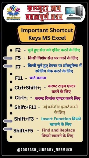 Excel के जरूरी Shortcut Keys #computer #shortcuts #keys #computernotes #excel #computergk #ytshorts