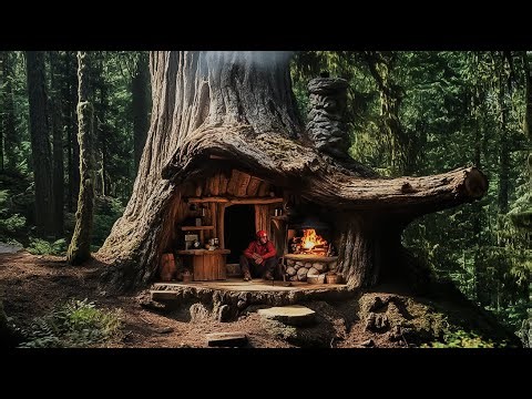 Complete Tree Trunk Survival Shelter | Clay Fireplace, Crab Trap & Cooking in the Wild