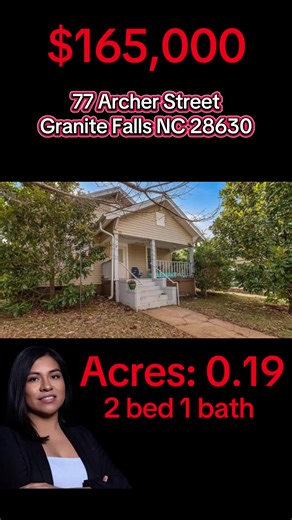 Listed by Haydee Trejo with Nestlewood Realty 🏡 Classic charm in Granite Falls, NC! This 2 bed, 1 bath home offers 840 sq ft on 0.19 acres with city water & sewer — a great opportunity for first-time buyers or investors at $165,000. 📍 77 Archer Street 🏡 ¡Encanto clásico en Granite Falls, NC! Casa de 2 recámaras y 1 baño, 840 pies² en 0.19 acres, con agua y alcantarillado de la ciudad — excelente oportunidad para compradores primerizos o inversionistas por $165,000. 📍 77 Archer Street Agente: