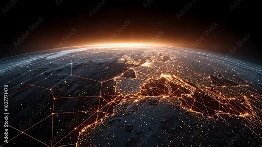Dynamic global network connecting Europe and Africa, a stunning visualization of worldwide communication and digital connectivity over the earth