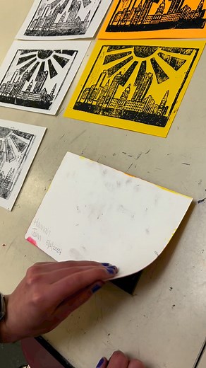 4.4K views · 36 reactions | The best part of linocut printmaking is pulling prints! We used Blick Art Materials Wondercut linoleum and printed on liquid watercolor backgrounds. #printmakingprocess#printmaking #linocut #linocutprint #pullingprints #arteducation | That Art Teacher | Facebook