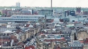 Grey's Monument And Monument Metro Subway Station On Grey Street In Newcastle upon Tyne, UK. aerial shot