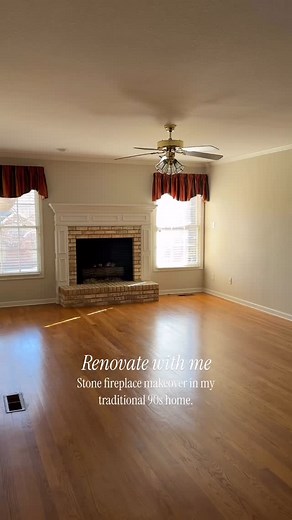 Full stone fireplace makeover for our traditional 90s home! We loved the charm of our old brick fireplace, but the oversized hearth and high mantle just didn’t work for how we use the space. So we gave it a full refresh with 19th Century Sedona stone and ivory buff mortar from @horizonstonellc 🤍 We lowered the mantle, removed the bulky hearth, and made room to mount our Frame TV—while still keeping that cozy, timeless feel. Next on the project list is to trim in the baseboards for a flush, clea