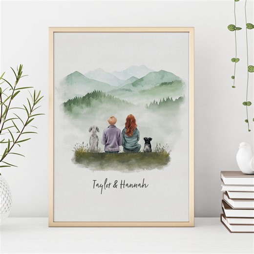 Custom Lesbian Couple Art Print With Optional Pets: Mountain Couple Gift, Lesbian Engagement Print, Outdoorsy Gay Couple Art, LGBT Wedding