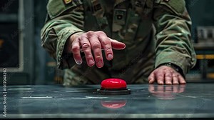 Elderly man in camouflage clothing holds hand over red button in doubt. Agony of making important strategic decision. Red panic button during nuclear threat.