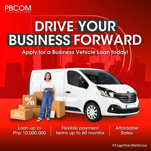 1.3K views · 4 comments | Make 2025 the year you drive your business forward! Apply for a Business Vehicle Loan and get started. PBCOM is regulated by the Bangko Sentral ng Pilipinas https://www.bsp.gov.ph. For inquiries or concerns, please call PBCOM Customer Care at (02) 8777-2266 or 1-800-10-777-2266 (Domestic Toll-Free) or BSP Consumer Protection and Market Conduct Office at (02) 8708-7087. #PBCOM #TogetherWeGrow #BusinessVehicleLoan #Business #Loan #Drive | PBCOM | Facebook