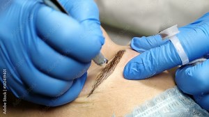 Microblading procedure. Master works with the eyebrows. Semi-permanent make-up.