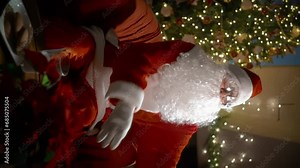 Webcam view Santa Claus wishing Merry Christmas and Happy New Year to children and adults online video calling, holding gifts in his hands in virtual video online chat sitting in his residence on Xmas