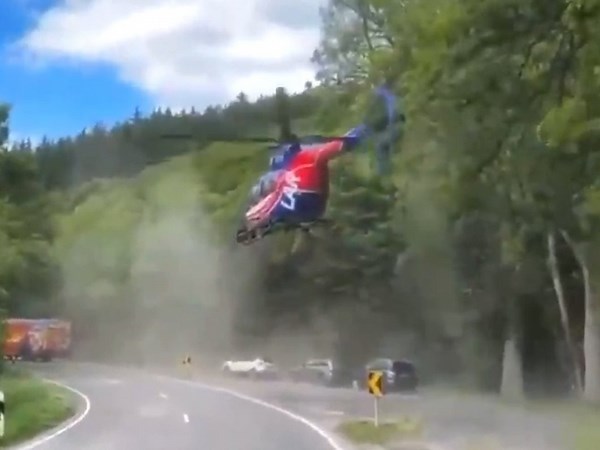 Helicopter gets stuck in tree during take-off