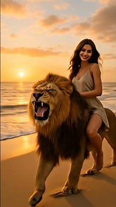 "Epic Sunset Ride – Woman Riding a Lion 🦁🌅"