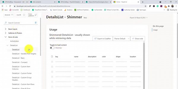 SPFx Fluent UI Details List Shimmer Example | Fluent UI React Examples