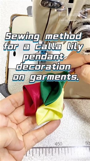 Sewing method for a calla lily pendant decoration on garments.