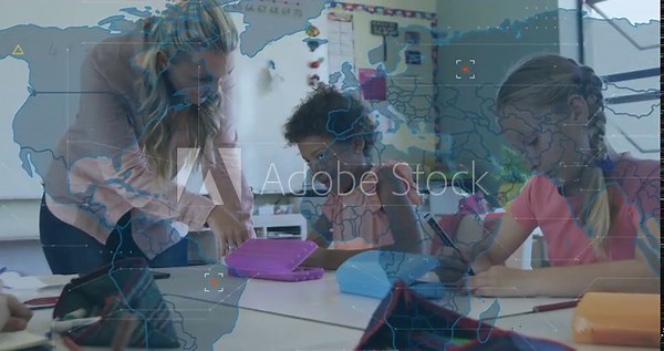 Teacher leaning in pointing at purple tablet starting world map overlay, students looking for study