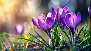 Colorful crocuses bloom in a sunlit garden during early spring near a vibrant meadow