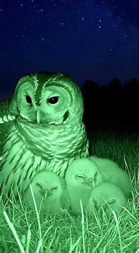 Night Vision Surprise: Rabbit Cuddles Sleeping Owl Family