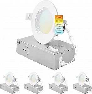 LUXRITE 3 Inch Ultra Thin LED Recessed Lighting, 6W, 5 Color Selectable 2700K | 3000K | 3500K | 4000K | 5000K, CRI 90, 400 Lumens, Dimmable LED Wafer Lights, Wet Rated, IC Rated, Baffle Trim (4 Pack)