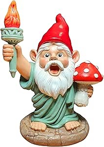 Patriotic Garden Gnome Statue 7" Outdoor Decor | Funny Gnomerty Figurine Holding Torch and Mushroom | Hand Painted Weatherproof Resin Lawn Ornament | Unique Gift for Yard Porch Indoor Display