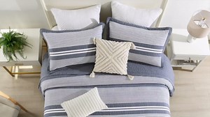 100% Cotton Bedspread Oversized Queen Size - 102"x120" Blue Quilt Set with Stripe Pattern, Soft Lightweight Comforter, Breathable Reversible Coverlet Bedding Set 3pcs for All Seasons