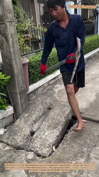 Accès aux réseaux : soulever un couvercle de tranchée en béton à l'aide d'une pioche