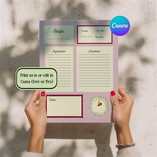 Editable Recipe Page, Homemade Cookbook Template, DIY Recipe Binder, Family Recipe Book Template, Retro Recipe Cards (digital Download) - Etsy