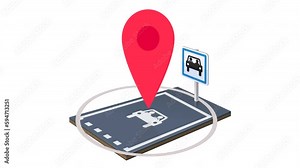 Looping animation of a red map location marker hopping over a parking spot with the carpool reserved area symbol and sign (white background, transparency, alpha channel,green background)
