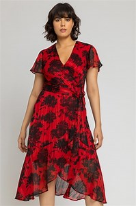 Floral Print Wrap Midi Dress in Red - Roman Originals UK