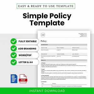 Simple Policy Template (word, PDF) | Simple Workplace Policy Template, Human Resources HR Policy Doc, Employee Guidelines, Company Policy - Etsy