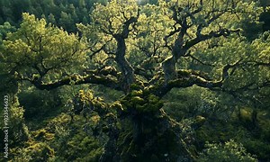 A sprawling, ancient tree draped in moss, surrounded by lush greenery in a serene landscape.