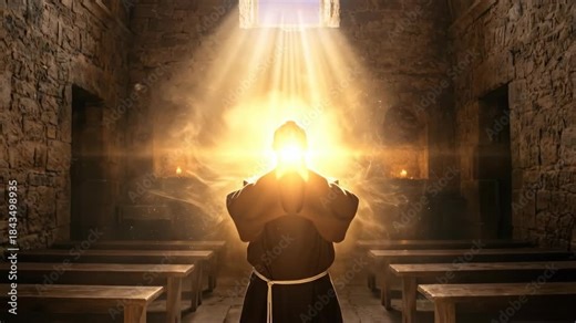 Franciscan monk in a monastery chapel performing a spiritual ritual with light energy, divine power and faith concept