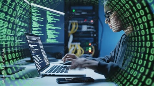 Intense hacker in a hoodie types on a laptop beside glowing code screens and stacked servers today!!